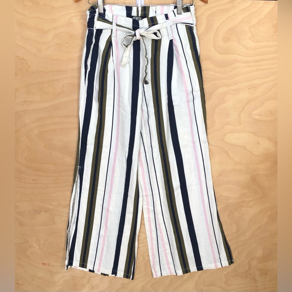 Rewash Striped Wide Legs Pants Womens Small Tie Slit Linen Blend.